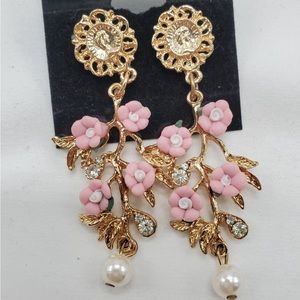 Pink Rose and Pearl Gold Tone Earrings